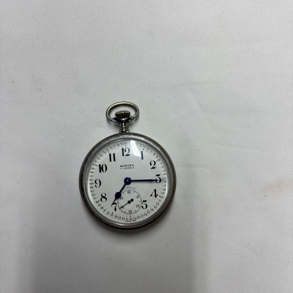 VTG Marden 17 Jewels Swiss Pocket Watch Sellita Movement Train Engraving WORKING